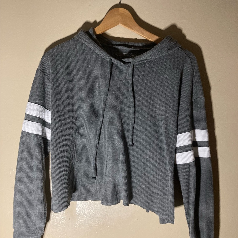 Gray Hooded Crop Top Sweater with White Stripes